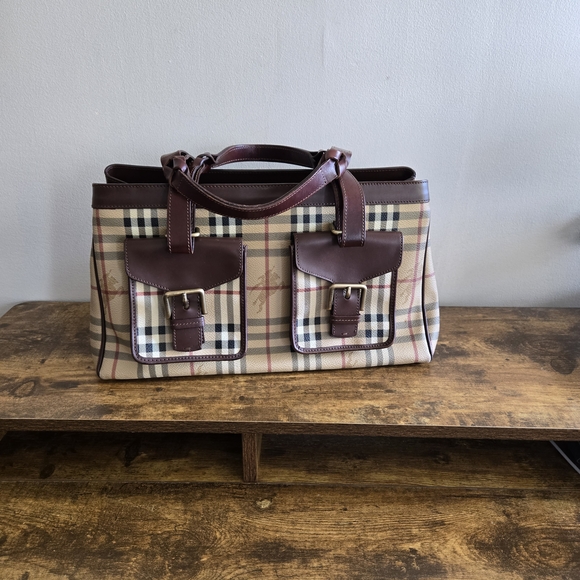 Burberry Handbags - Burberry Beige and Brown Plaid Duffel Bag with Leather Trim